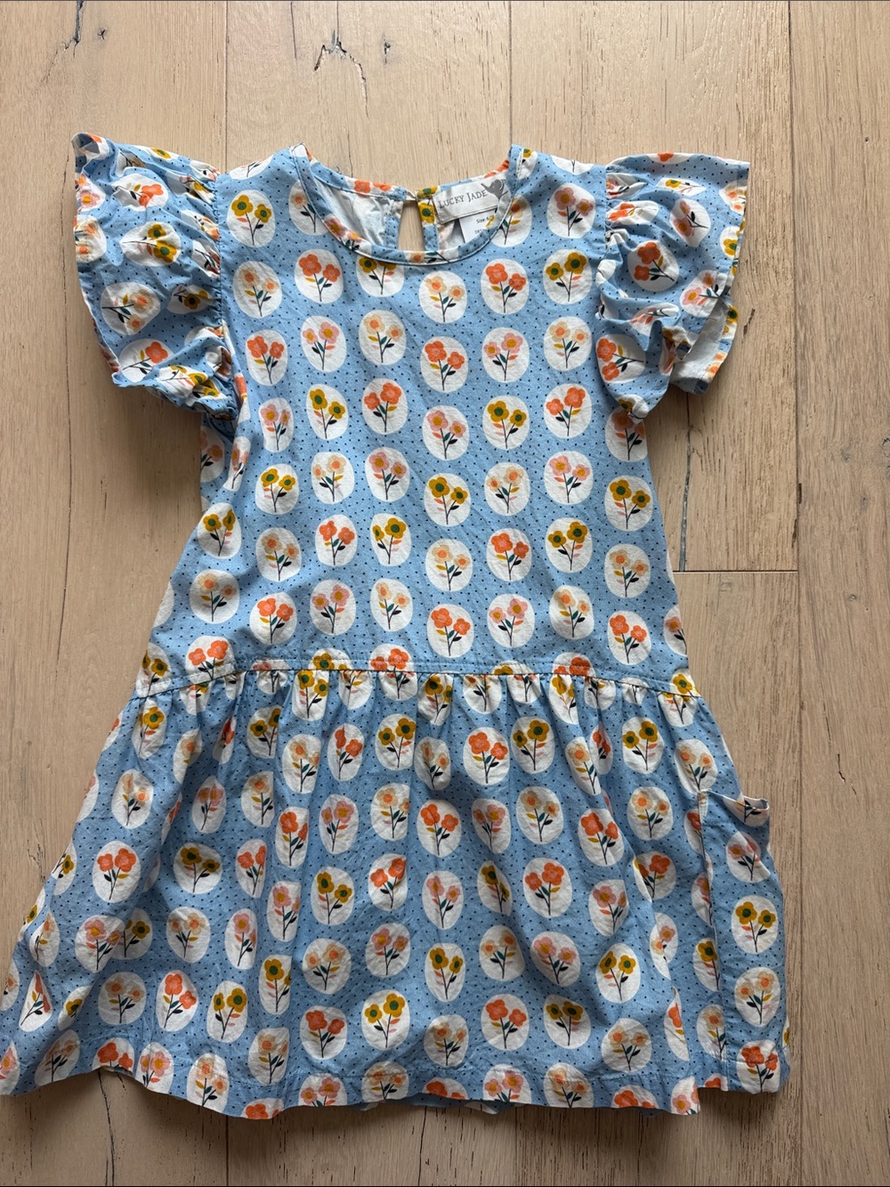 Lucky Jade Light Blue Floral Ruffle-Sleeve Dress with Orange & Yellow Blooms